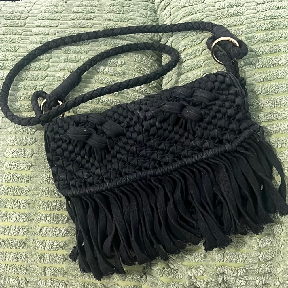 Mossimo Vintage Black Woven Fringe Crossbody Bag